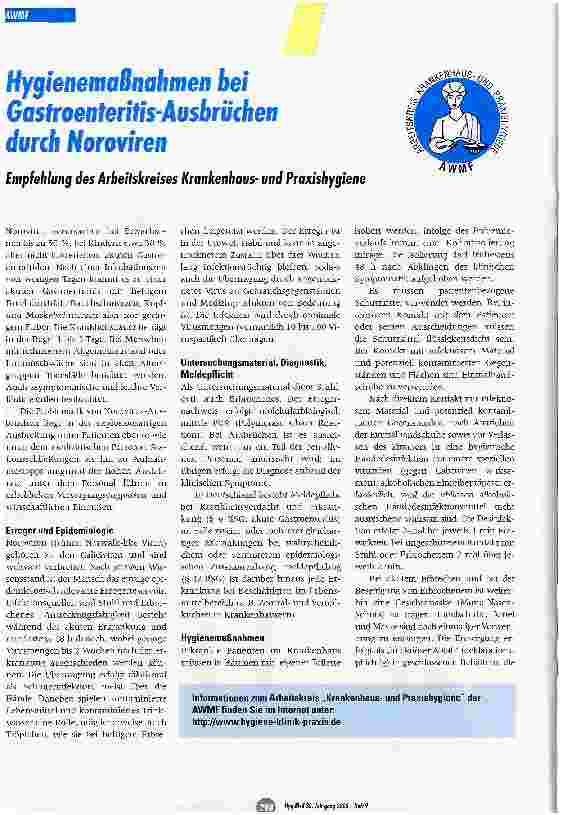 Vorschauseite 1: Hygienemaßnahmen bei Gastroenteritis-Ausbrüchen durch NorovirenEmpfehlung des Arbeitskreises Krankenhausund Praxishygiene