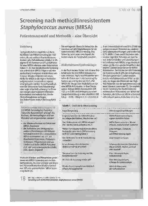 Vorschauseite 1: Screening nach methicillinresistentem Staphylococcus aureus (MRSA)Patientenauswahl und Methodik - eine Übersicht