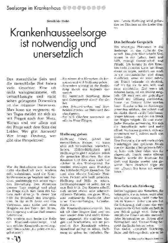 Vorschauseite 1: Krankenhausseelsorge ist notwendig und unersetzlich.