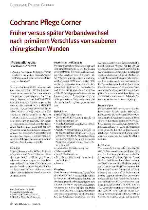 Vorschauseite 1: Cochrane Pflege Corner Früher versus später Verbandwechsel nach primärem Verschluss von sauberen chirurgischen Wunden