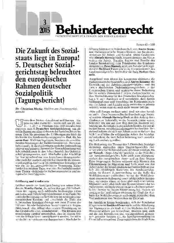 Vorschauseite 1: Die Zukunft des Sozial-staats liegt in Europa! 5. Deutscher Sozial-;erichtstag beleuchtet len europäischen Rahmen deutscher Sozialpolitik (Tagungsbericht)