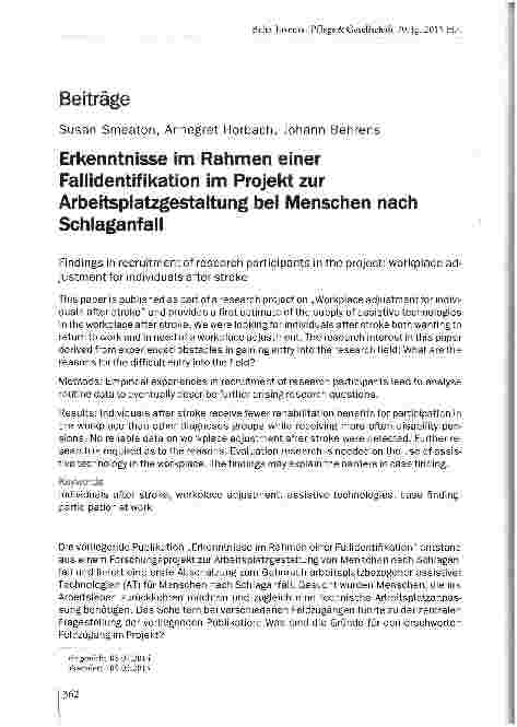 Vorschauseite 1: Erkenntnisse im Rahmen einer Fallidentifikation im Projekt zur Arbeitsplatzgestaltung bei Menschen nach Schlaganfall