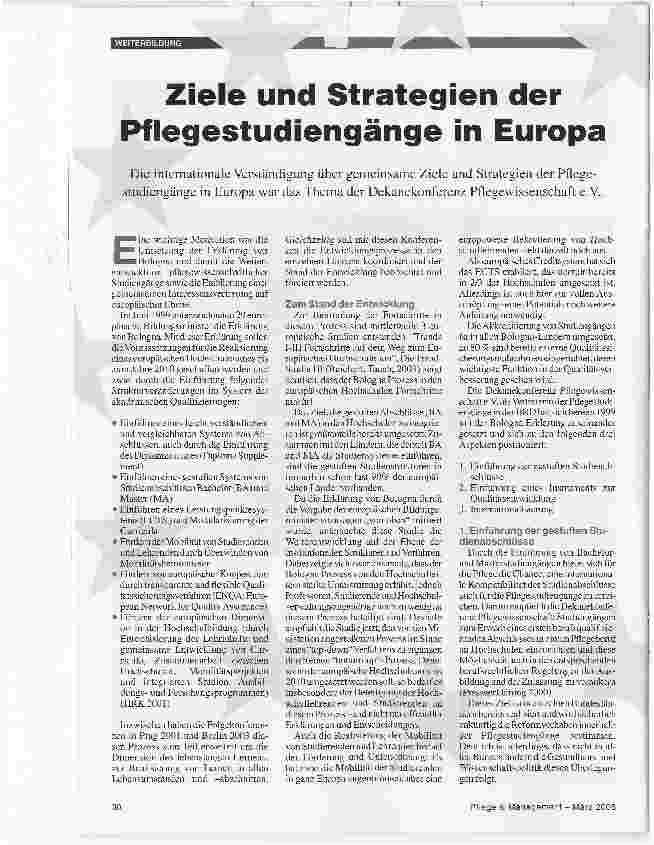Vorschauseite 1: Ziele und Strategien der Pflegestudiengänge in Europa