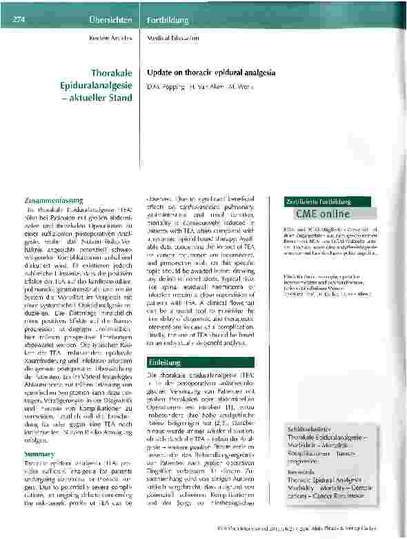 Vorschauseite 1: Thorakale Epiduralanalgesie - aktueller Stand