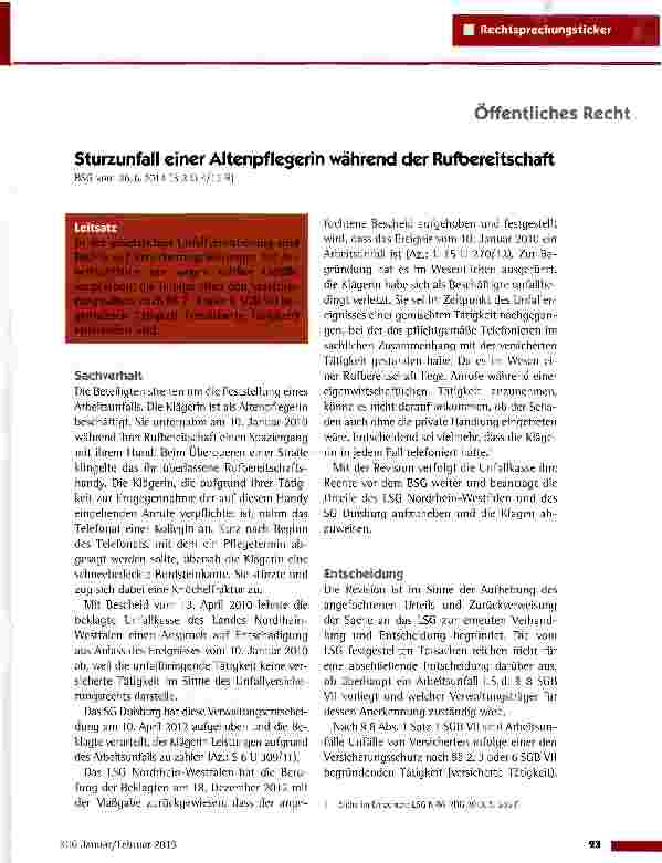 Vorschauseite 1: Sturzunfall einer Altenpflegerin während der Rufbereitschaft BSG vom 26.6.2014 (B 2 U 4/13 R)