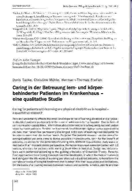 Vorschauseite 1: Caring in der Betreuung lernund körperbehinderter Patienten im Krankenhaus -eine qualitative Studie