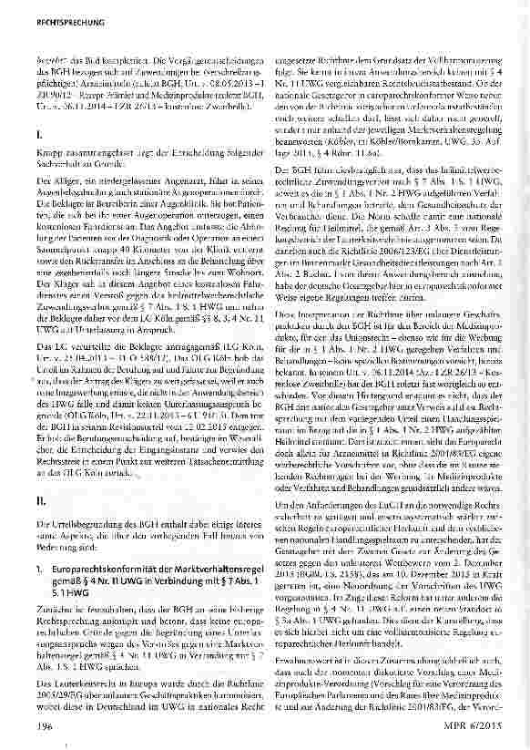 Vorschauseite 5: Werbung einer Klinik mit kostenloser Beförderung zur Behandlung - Fahrdienst zur Augenklinik §§ 3,4 Nr. 11, 8 UWG, § 1 HWG, §§ 2, 4, 20,190, 202 UmwG