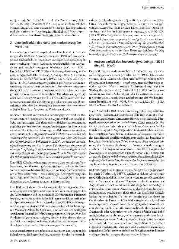 Vorschauseite 6: Werbung einer Klinik mit kostenloser Beförderung zur Behandlung - Fahrdienst zur Augenklinik §§ 3,4 Nr. 11, 8 UWG, § 1 HWG, §§ 2, 4, 20,190, 202 UmwG