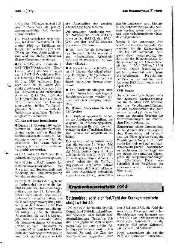 Vorschauseite 1: Bettenabbau setzt sich fort/Zahl der Krankenhausärzte steigt weiter an Krankenhausstatistik 1993