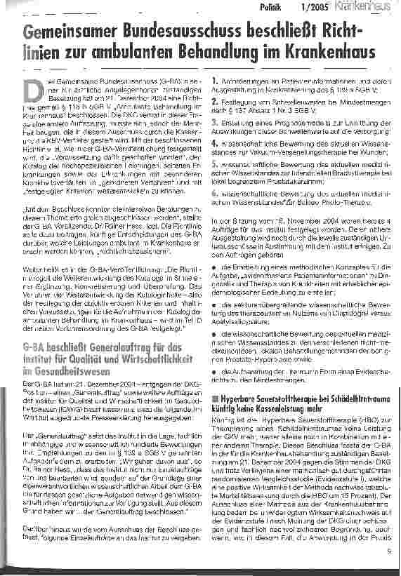 Vorschauseite 1: Gemeinsamer Bundesausschuss beschließt Richtlinien zur ambulanten Behandlung im Krankenhaus