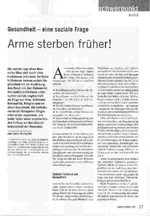 Vorschauseite 1: Gesundheit - eine soziale Frage Arme sterben früher!