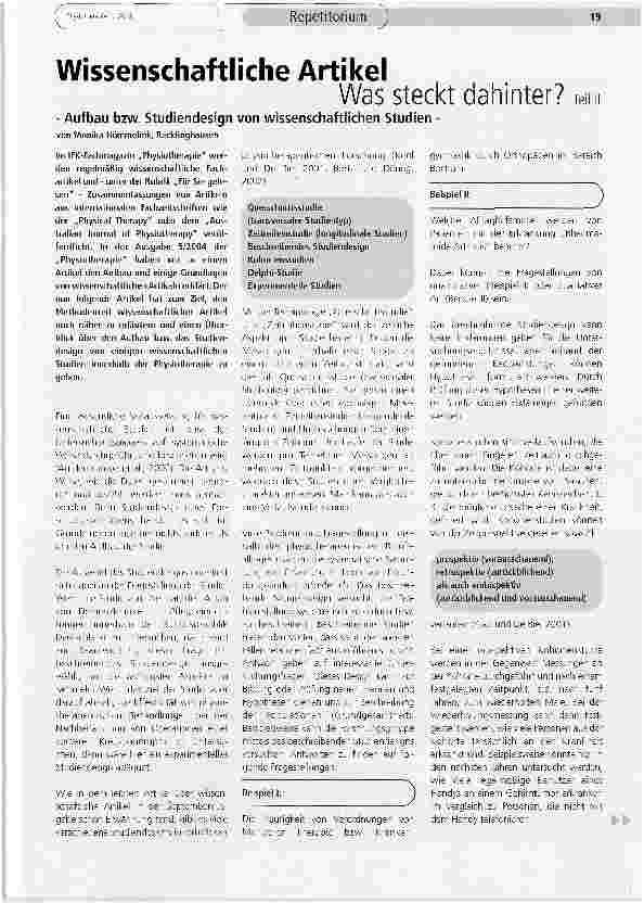 Vorschauseite 1: Wissenschaftliche Artikel. Was steckt dahinter? Teil II- Aufbau bzw. Studiendesign von wissenschaftlichen Studien