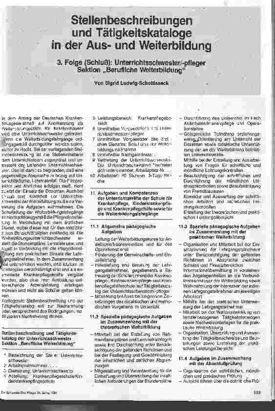 Vorschauseite 1: Stellenbeschreibung und Tätigkeitskataloge in der Ausund Weiterbildung 3. Folge Unterrichtsschwester/pfleger