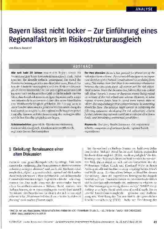 Vorschauseite 1: Bayern lässt nicht locker - Zur Einführung eines Regionalfaktors im Risikostrukturausgleich