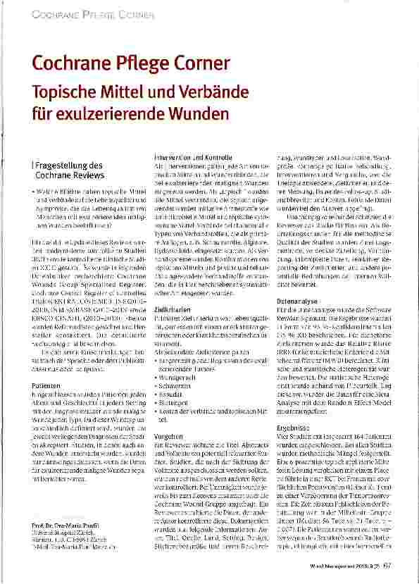 Vorschauseite 1: Cochrane Pflege Corner Topische Mittel und Verbände für exulzerierende Wunden