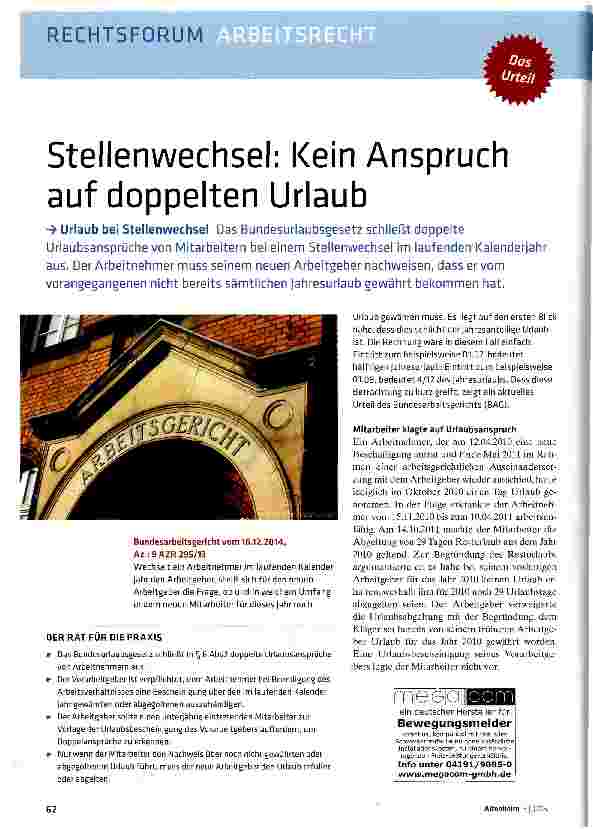 Vorschauseite 1: Stellenwechsel: Kein Anspruch auf doppelten Urlaub