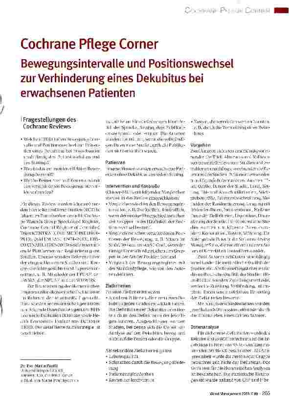 Vorschauseite 1: Cochrane Pflege Corner Bewegungsintervalle und Positionswechsel zur Verhinderung eines Dekubitus bei erwachsenen Patienten
