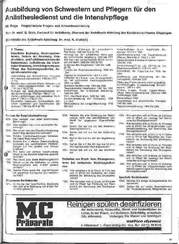 Vorschauseite 1: Ausbildung von Schwestern und Pflegern für den Anästhesiedienst und die Intensivpflege. 35. Folge: Programmierte Fragen und Antworten