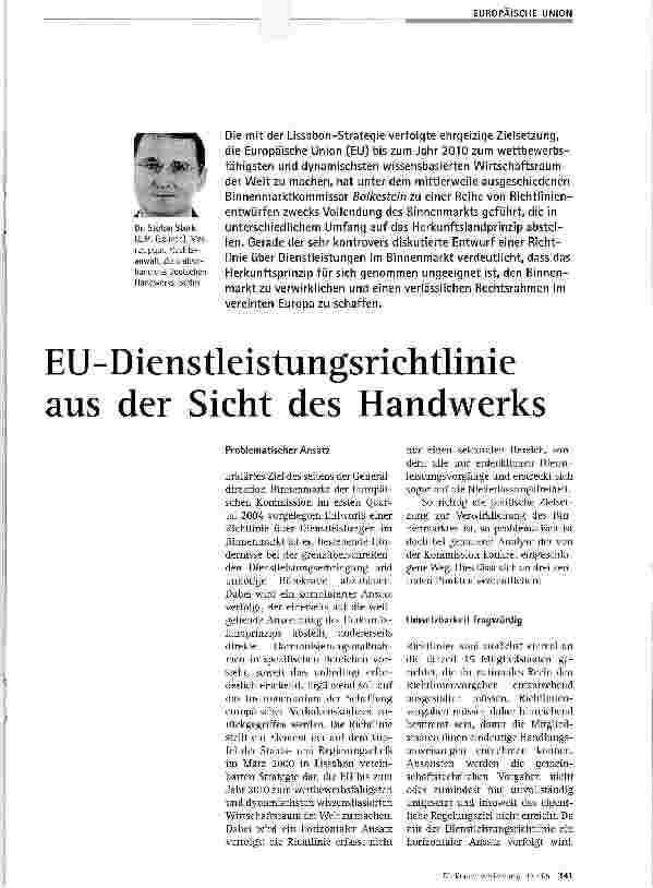 Vorschauseite 1: EU-Dienstleistungsrichtlinie aus der Sicht des Handwerks
