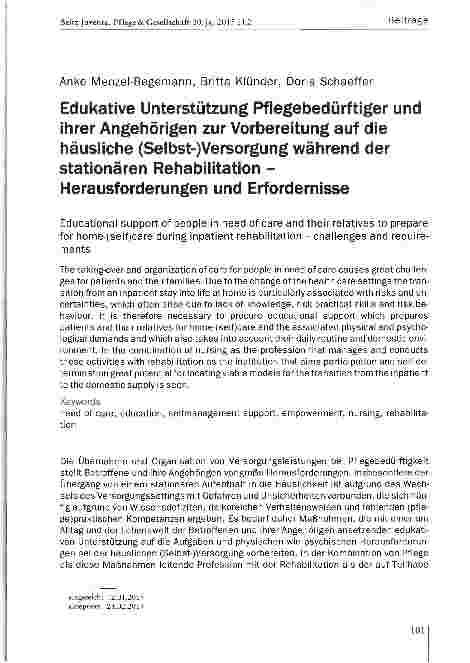 Vorschauseite 1: Edukative Unterstützung Pflegebedürftiger und ihrer Angehörigen zur Vorbereitung auf die häusliche (Selbstversorgung während der stationären Rehabilitation -Herausforderungen und…
