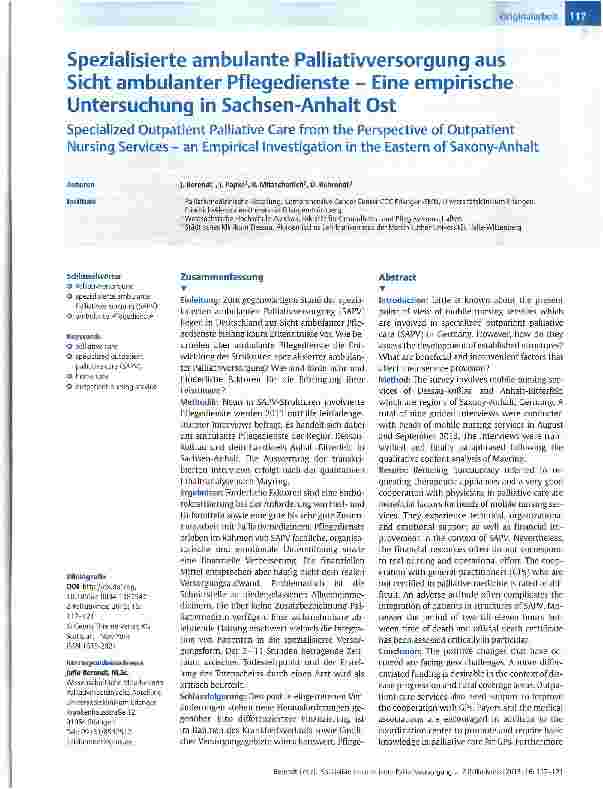 Vorschauseite 1: Spezialisierte ambulante Palliativversorgung aus Sicht ambulanter Pflegedienste - Eine empirische Untersuchung in Sachsen-Anhalt Ost