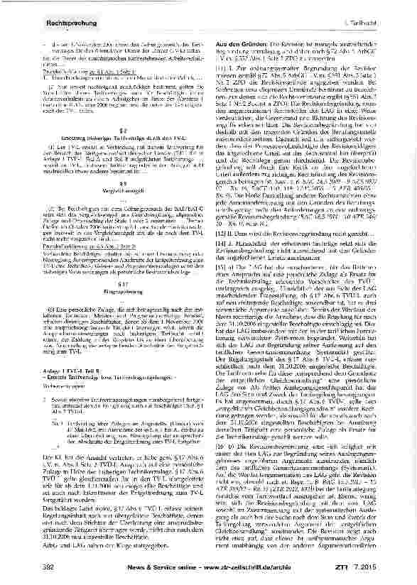 Vorschauseite 2: Persönliche Zulage nach §17 Abs. 6 TVÜ-L; Anforderungen an RevisionsbegründungZPO § 551; TVÜ-L §§1,2 Abs. 1, 5 Abs. 2, 17 Abs. 6; TV über Zulagen an Angestellte §3