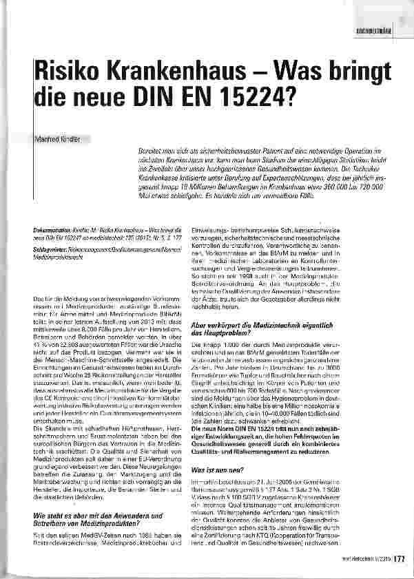 Vorschauseite 1: Risiko Krankenhaus - Was bringt die neue DINEN 15224?