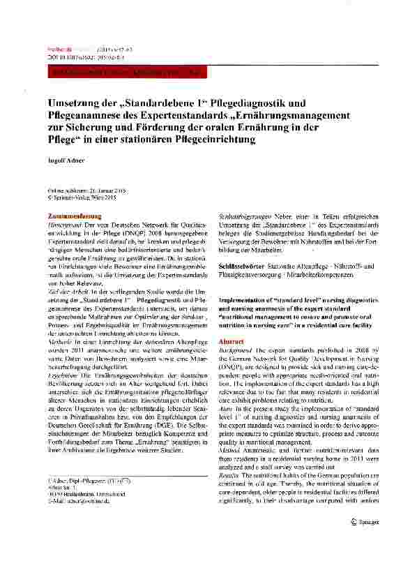 Vorschauseite 1: Umsetzung der „Standardebene 1 Pflegediagnostik und Pflegeanamnese des Expertenstandards „Ernährungsmanagement zur Sicherung und Förderung der oralen Ernährung in der Pflege in ei…