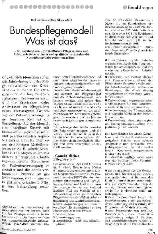 Vorschauseite 1: Bundespflegemodell Was ist das? Entwicklung eines ganzheitlichen Pflegesystems zum Abbau arbeitsbelastender und qualitätseinschränkender Auswirkungen der Funktionspflege
