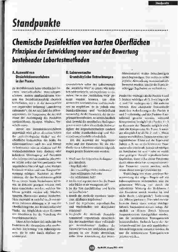 Vorschauseite 1: Chemische Desinfektion von harten OberflächenPrinzipien der Entwicklung neuer und der Bewertung bestehender Labortestmethoden