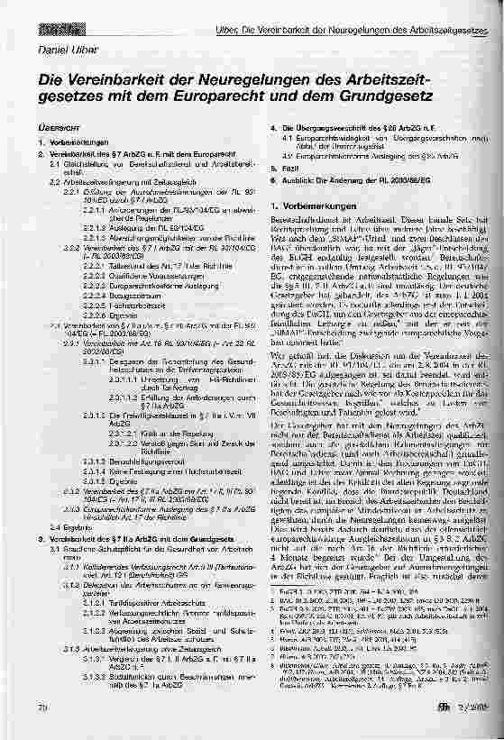 Vorschauseite 1: Die Vereinbarkeit der Neuregelungen des Arbeitszeitgesetzes mit dem Europarecht und dem Grundgesetz