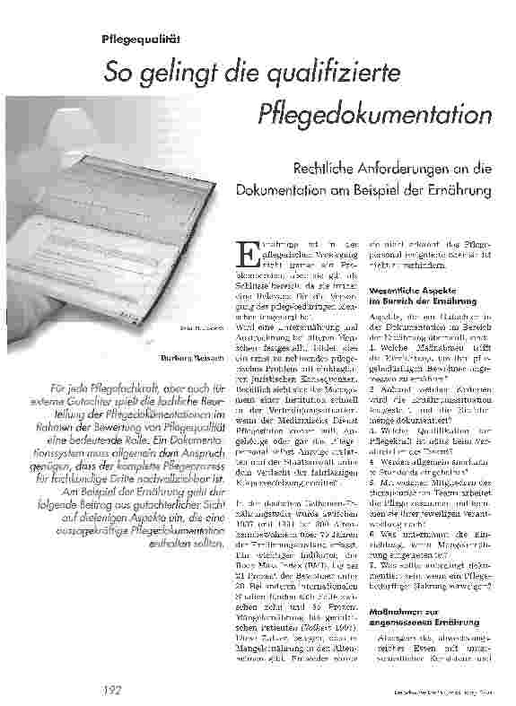 Vorschauseite 1: So gelingt die qualifizierte PflegedokumentationRechtliche Anforderungen an die Dokumentation am Beispiel der Ernährung
