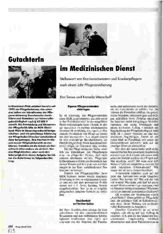 Vorschauseite 1: Gutachterin im pflegerischen Dienst Stellenwert von Krankenschwestern und Krankenpflegern nach einem Jahr Pflegeversicherung