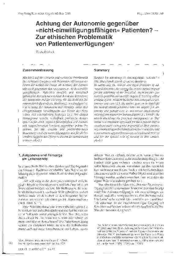 Vorschauseite 1: Achtung der Autonomie gegenüber nicht-einwilligungsfähigen Patienten?Zur ethischen Problematik von Patientenverfügungen