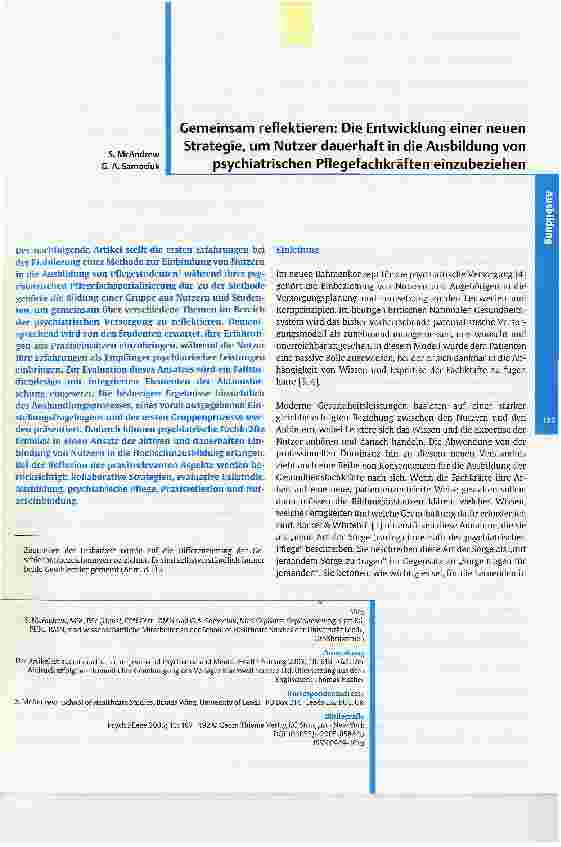 Vorschauseite 1: Gemeinsam reflektieren: Die Entwicklung einer neuenStrategie, um Nutzer dauerhaft in die Ausbildung vonpsychiatrischen Pflegefachkräften einzubeziehen