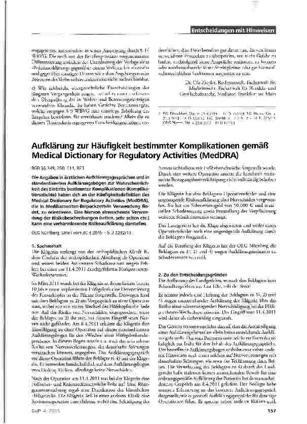 Vorschauseite 1: Aufklärung zur Häufigkeit bestimmter Komplikationen gemäß Medical Dictionary for Regulatory Activities (MedDRA)