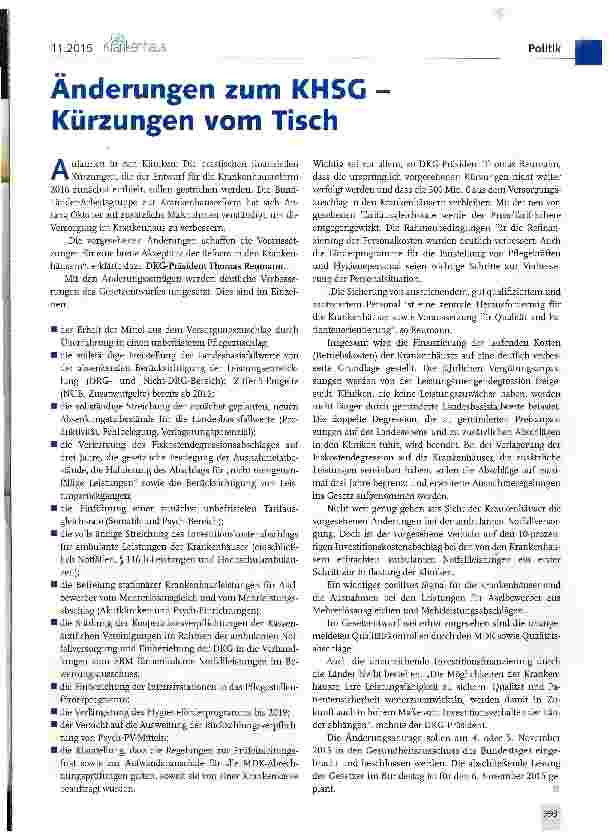 Vorschauseite 1: Änderungen zum KHSG -Kürzungen vom Tisch