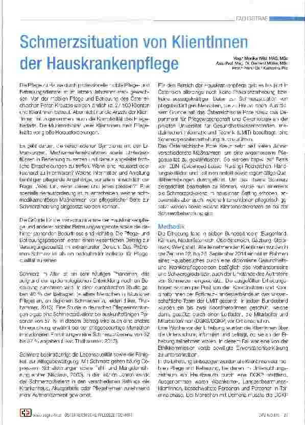 Vorschauseite 1: Schmerzsituation von Klientinnen der Hauskrankenpflege