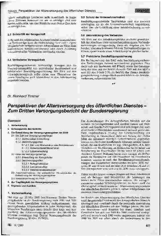 Vorschauseite 1: Perspektiven der Altersversorgung des öffentlichen Dienstes -Zum Dritten Versorgungsbericht der Bundesregierung
