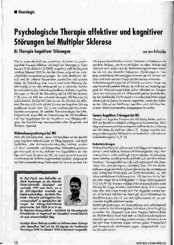 Vorschauseite 1: Psychologische Therapie affektiver und kognitiver Störungen bei Multipler Sklerose