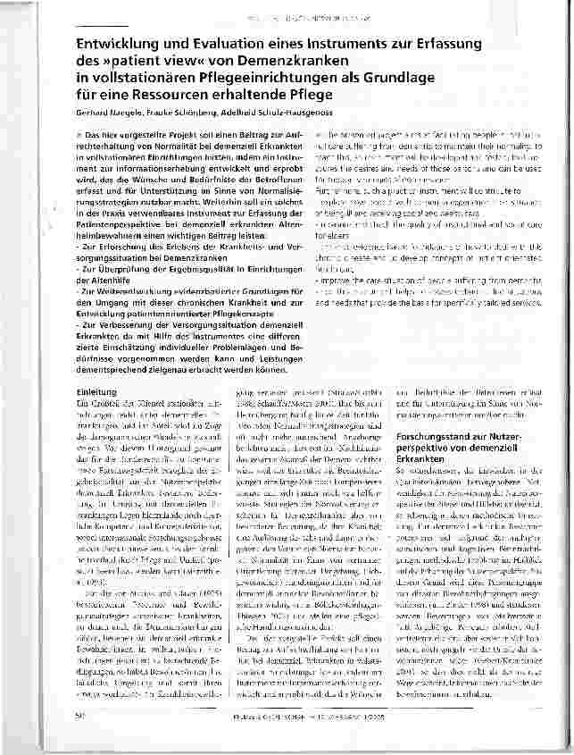 Vorschauseite 1: Entwicklung und Evaluation eines Instruments zur Erfassung des patient view von Demenzkranken in vollstationären Pflegeeinrichtungen als Grundlage für eine Ressourcen erhaltende P…