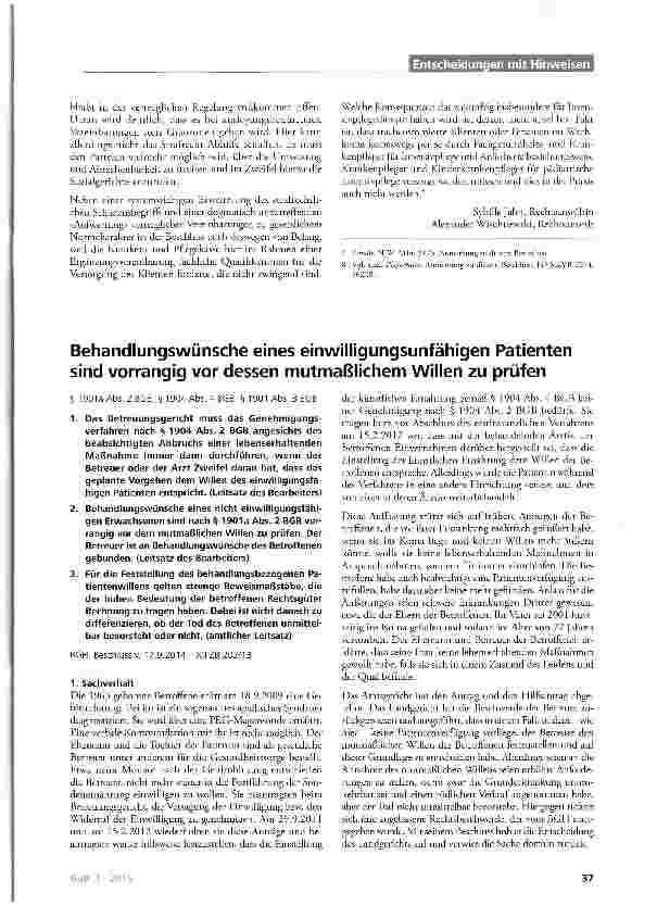 Vorschauseite 1: Behandlungswünsche eines einwilligungsunfähigen Patienten sind vorrangig vor dessen mutmaßlichem Willen zu prüfen