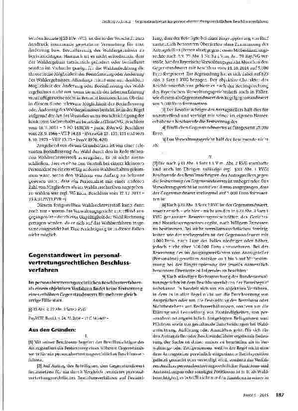 Vorschauseite 1: Gegenstandswert im personalvertretungsrechtlichen Beschlussverfahren