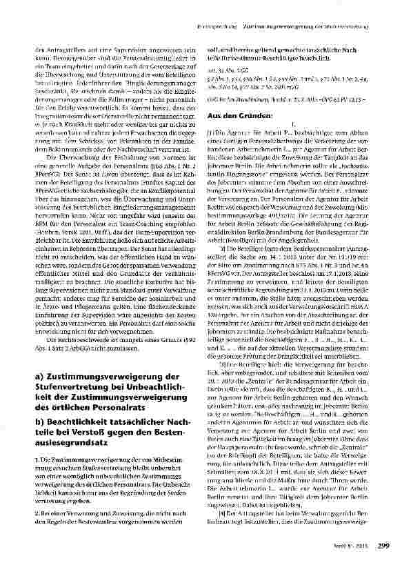 Vorschauseite 1: Zustimmungsverweigerung der Stufenvertretung bei Unbeachtlichkeit der Zustimmungsverweigerung des örtlichen Personalrats