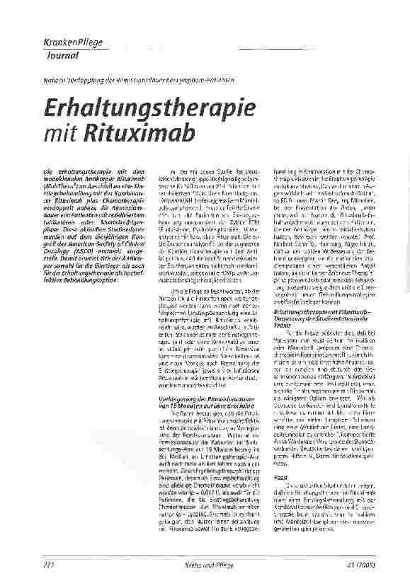Vorschauseite 1: Erhaltungstherapie mit RituximabNahezu Verdopplung der Remissionsdauer bei Lymphom-Patienten
