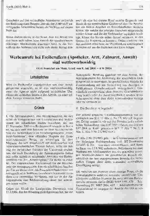Vorschauseite 1: Werbeanrufe bei Freiberuflern (Apotheker, Arzt, Zahnarzt, Anwalt) sind wettbewerbswidrig