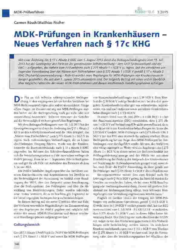 Vorschauseite 1: MDK-Prüfungen in Krankenhäusern -Neues Verfahren nach § 17c KHG