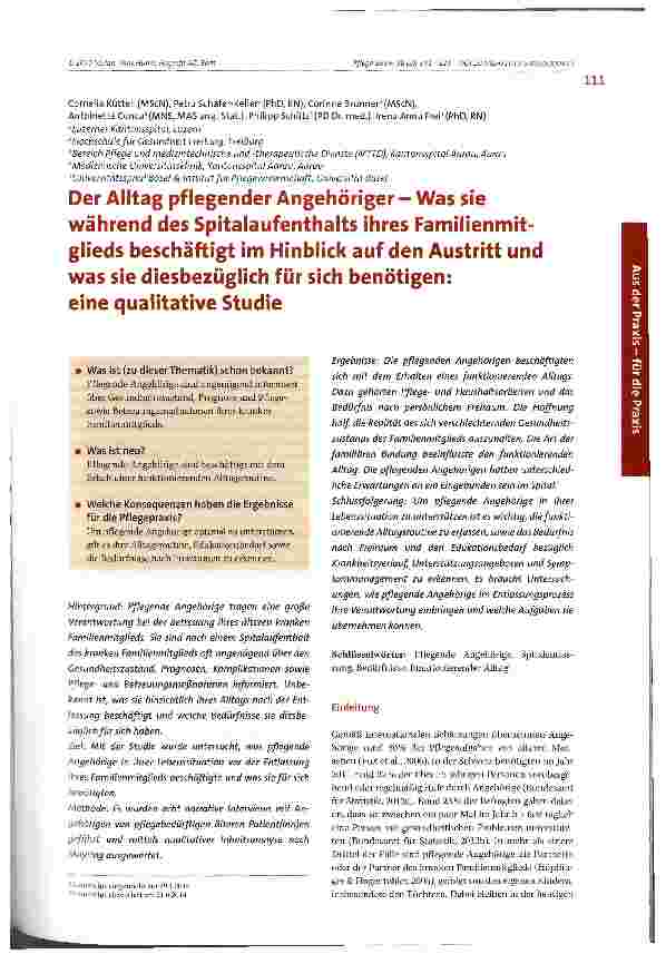 Vorschauseite 1: Der Alltag pflegender Angehöriger - Was sie während des Spitalaufenthalts ihres Familienmitglieds beschäftigt im Hinblick auf den Austritt und was sie diesbezüglich für sich benöt…