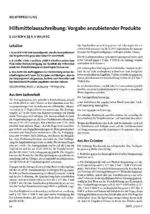 Vorschauseite 1: Hilfsmittelausschreibung: Vorgabe anzubietender Produkte § 127 SGB V; §§ 8, 9 VOL/A EG