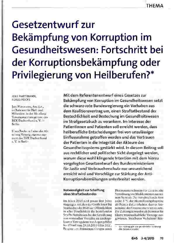 Vorschauseite 1: Gesetzentwurf zur Bekämpfung von Korruption im Gesundheitswesen: Fortschritt bei der Korruptionsbekämpfung oder Privilegierung von Heilberufen?
